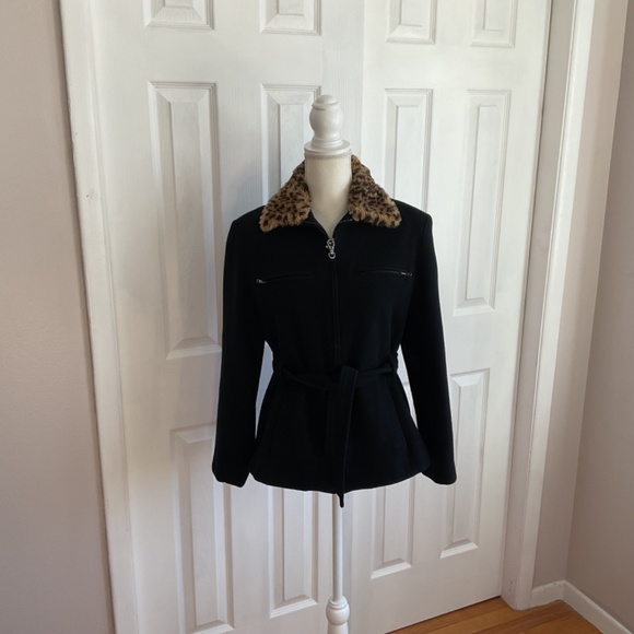 Women’s Jason Kole Waist Length Belted Wool Jacket with Animal Print Fur Collar - Picture 2 of 14